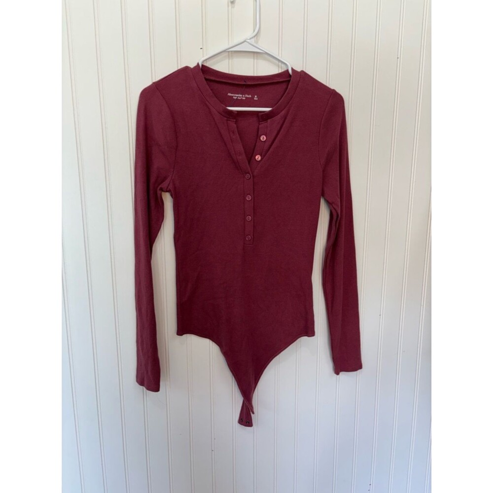 Abercrombie & Fitch soft Ribbed Henley long sleeve bodysuit in mauve brand